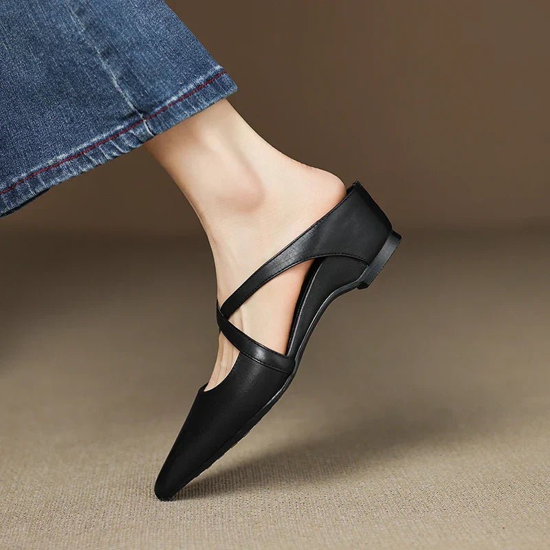 Women's Genuine Leather Heeled Mules – Pointed Toe and Cross Strap
