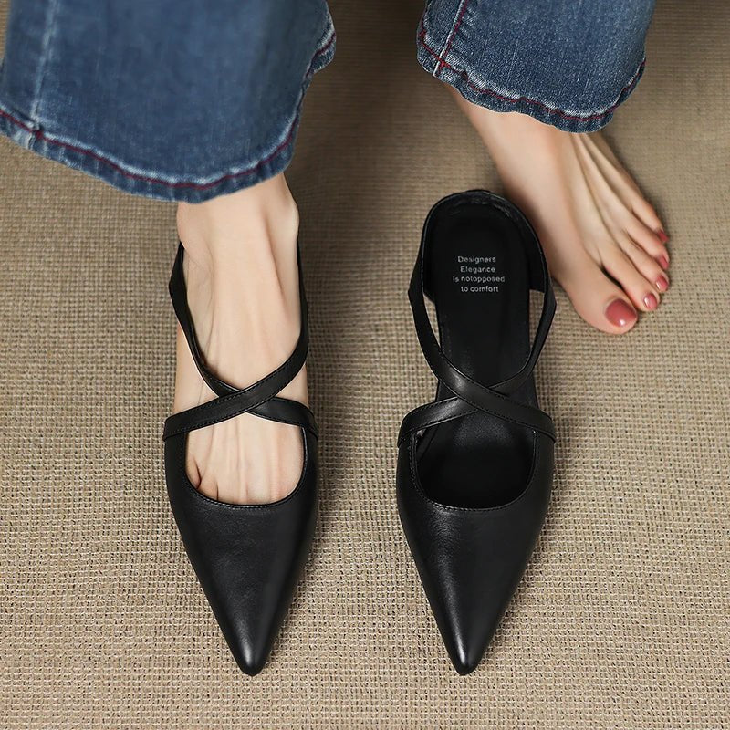 Women's Genuine Leather Heeled Mules – Pointed Toe and Cross Strap