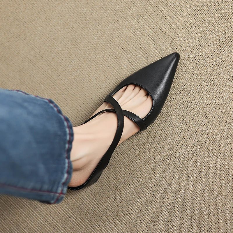 Women's Genuine Leather Heeled Mules – Pointed Toe and Cross Strap