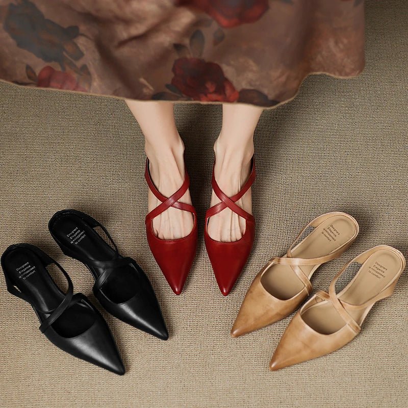 Women's Genuine Leather Heeled Mules – Pointed Toe and Cross Strap