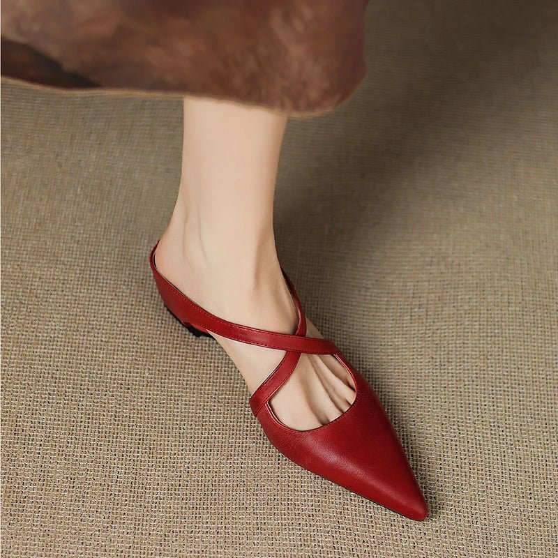 Women's Genuine Leather Heeled Mules – Pointed Toe and Cross Strap