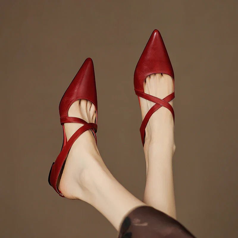 Women's Genuine Leather Heeled Mules – Pointed Toe and Cross Strap