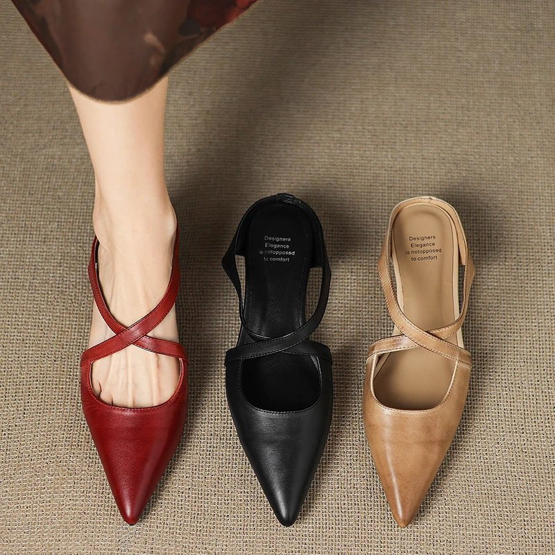 Women's Genuine Leather Heeled Mules – Pointed Toe and Cross Strap