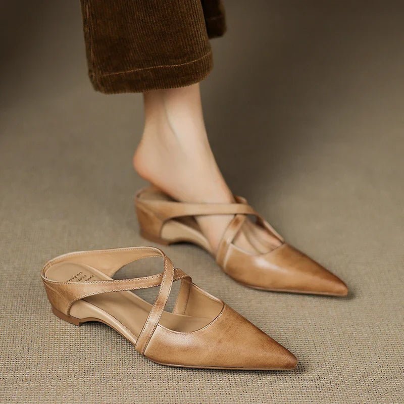 Women's Genuine Leather Heeled Mules – Pointed Toe and Cross Strap