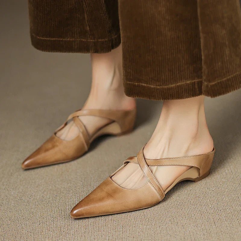 Women's Genuine Leather Heeled Mules – Pointed Toe and Cross Strap