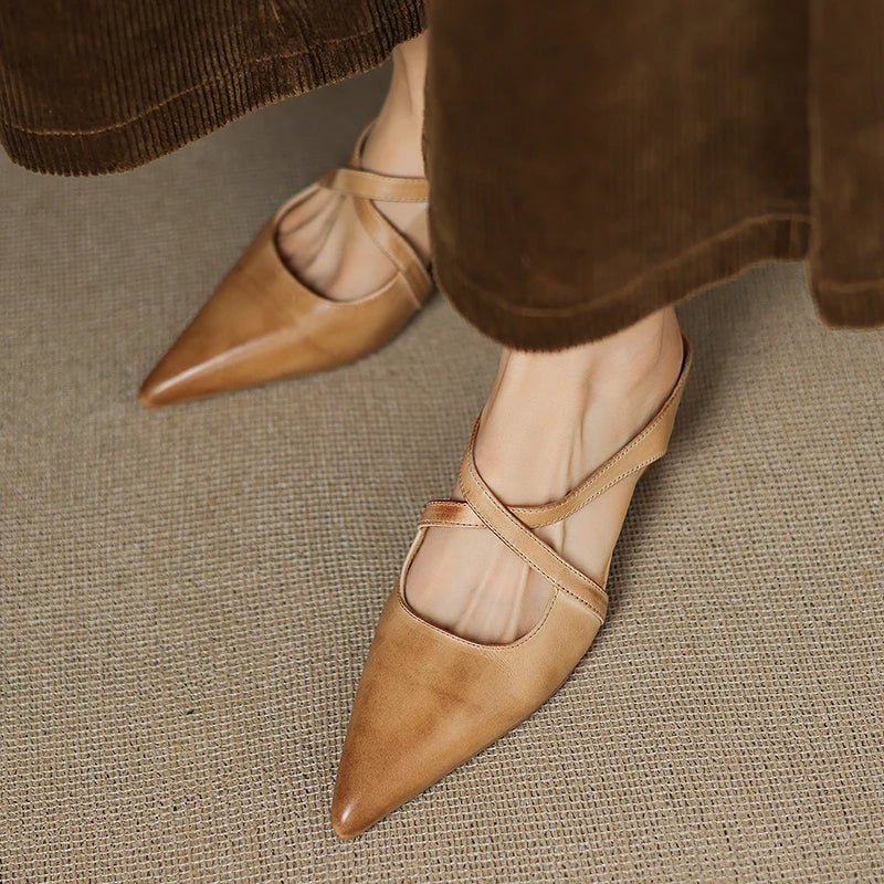 Women's Genuine Leather Heeled Mules – Pointed Toe and Cross Strap
