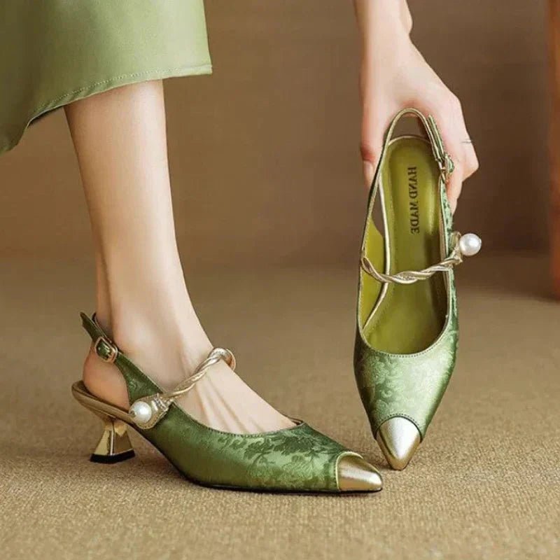 Women's Jacquard Slingback Pumps – Pearl Strap & Metallic Toe