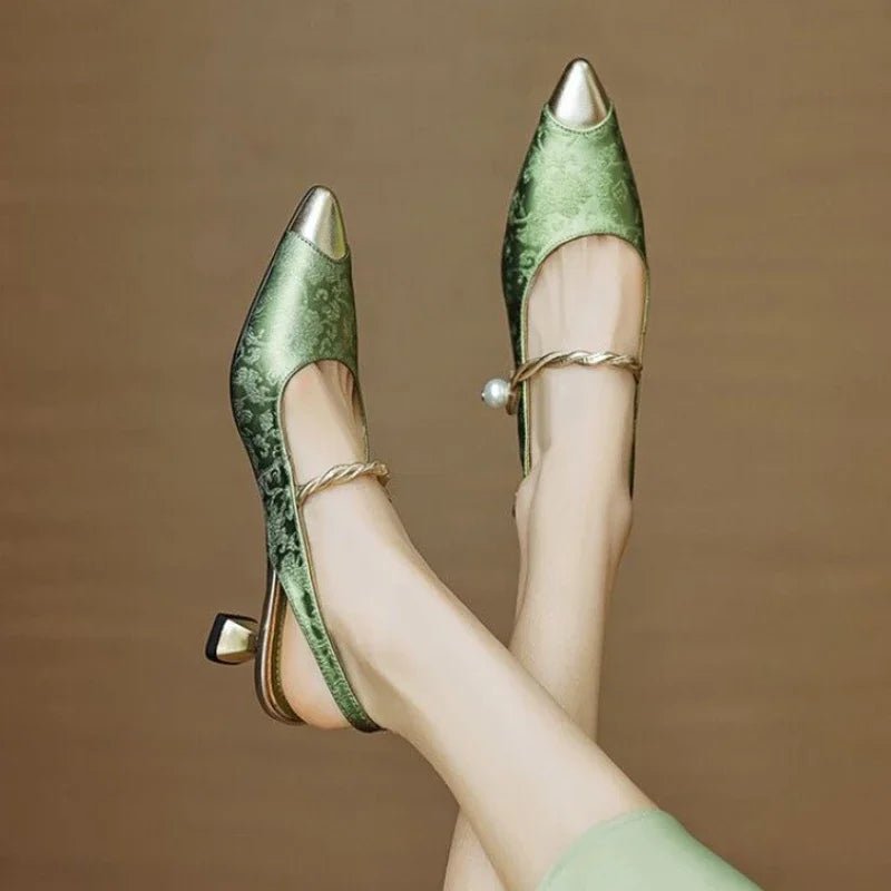 Women's Jacquard Slingback Pumps – Pearl Strap & Metallic Toe