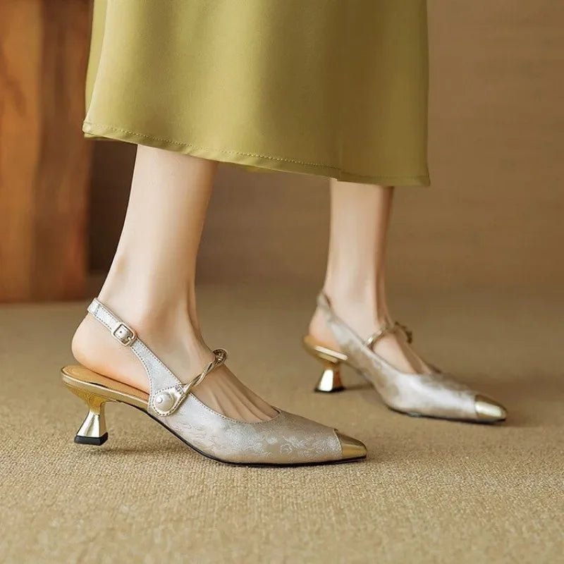 Women's Jacquard Slingback Pumps – Pearl Strap & Metallic Toe