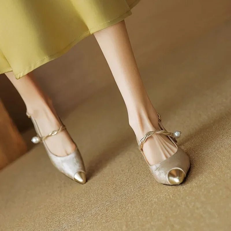 Women's Jacquard Slingback Pumps – Pearl Strap & Metallic Toe