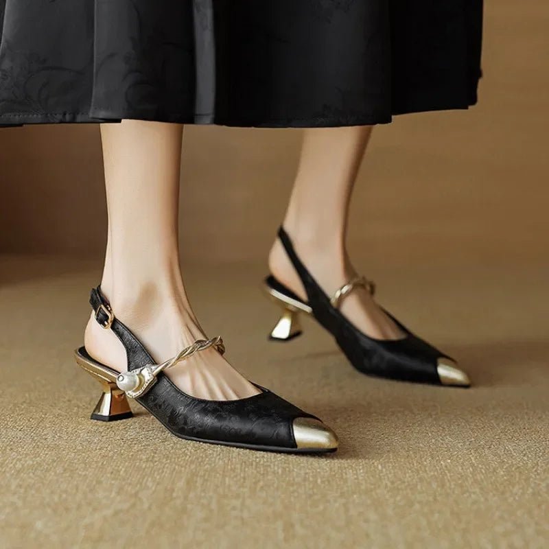 Women's Jacquard Slingback Pumps – Pearl Strap & Metallic Toe