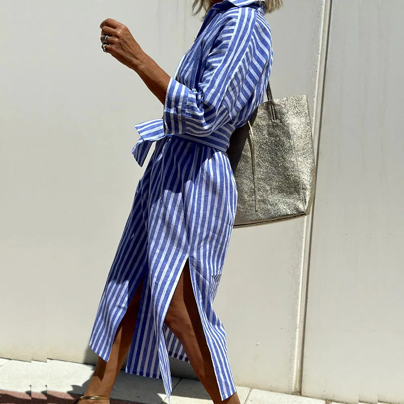 Women's Lightweight Striped Midi Shirt Dress – Relaxed Fit Button-Through