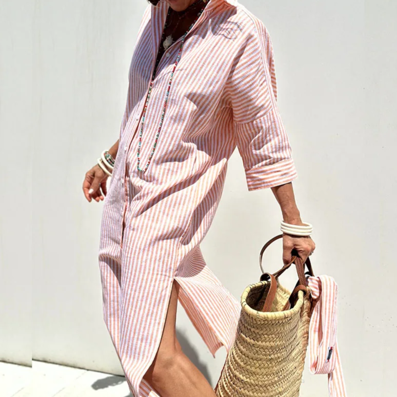 Women's Lightweight Striped Midi Shirt Dress – Relaxed Fit Button-Through