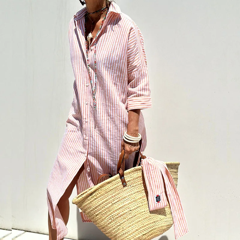 Women's Lightweight Striped Midi Shirt Dress – Relaxed Fit Button-Through