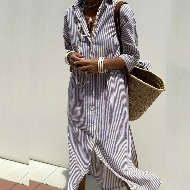Women's Lightweight Striped Midi Shirt Dress – Relaxed Fit Button-Through