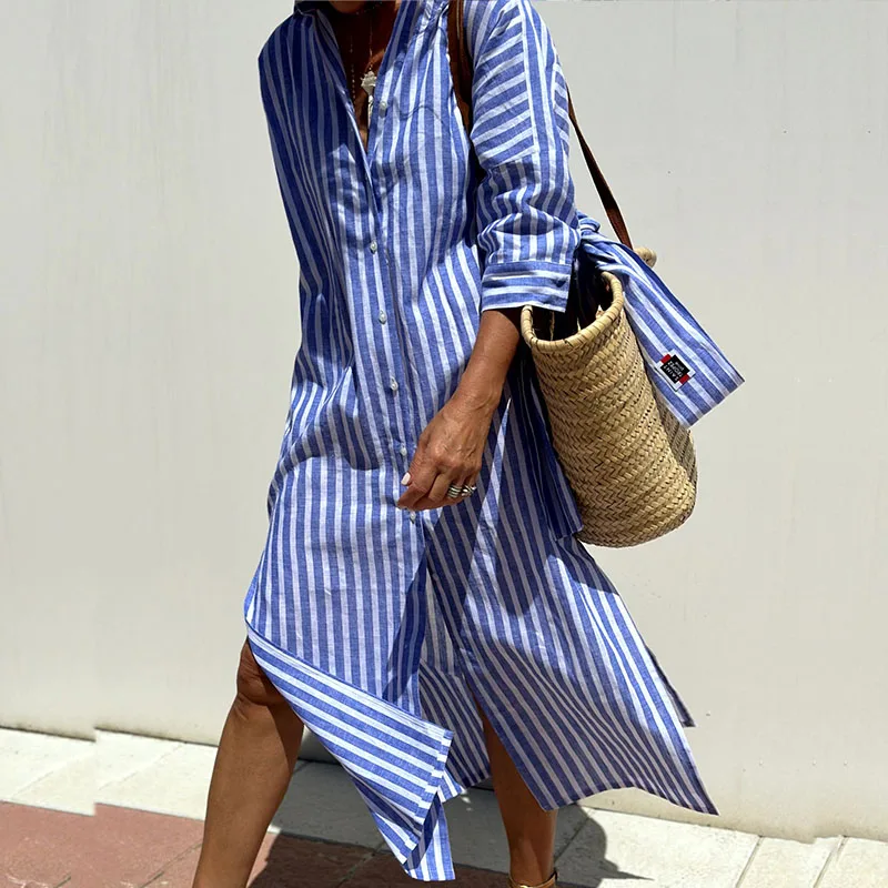 Women's Lightweight Striped Midi Shirt Dress – Relaxed Fit Button-Through