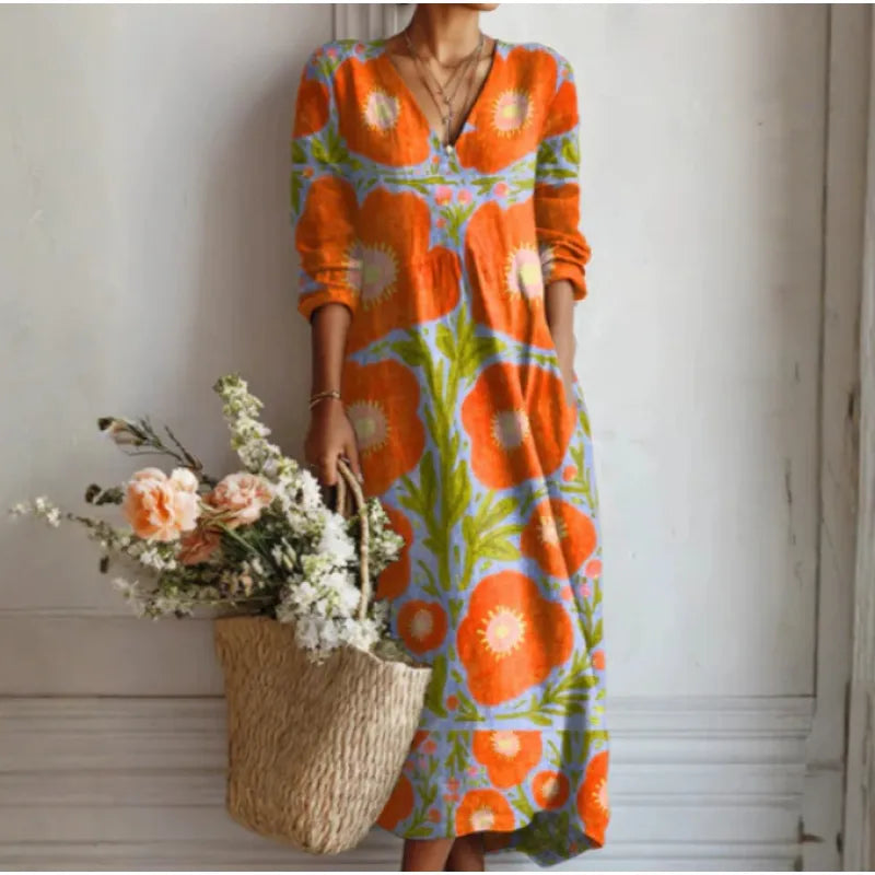Women's Long-Sleeve Linen Dress – Relaxed Midi Fit