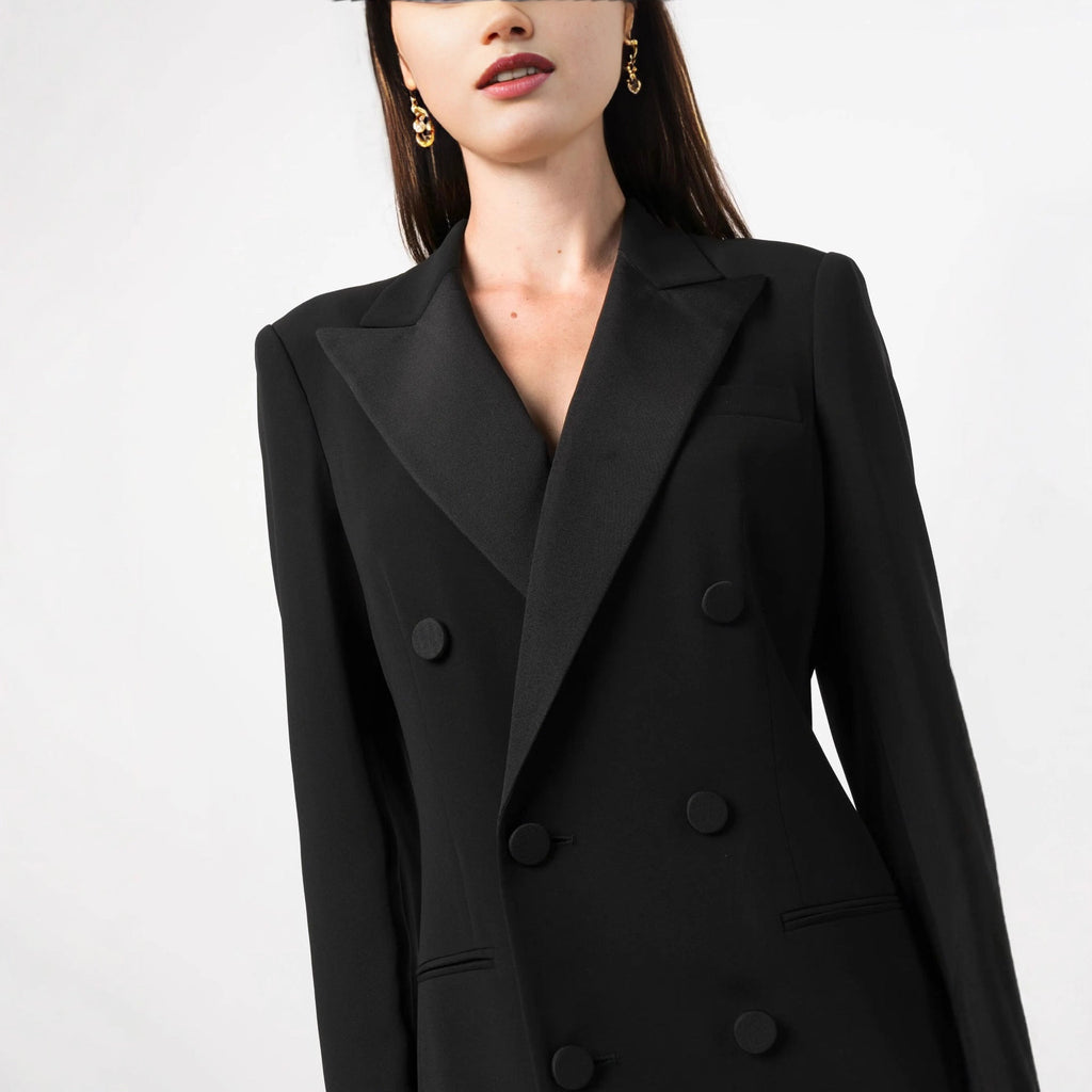 Women's Long Dress Blazer Style – Notched Lapel, Double-Breasted, Column Cut
