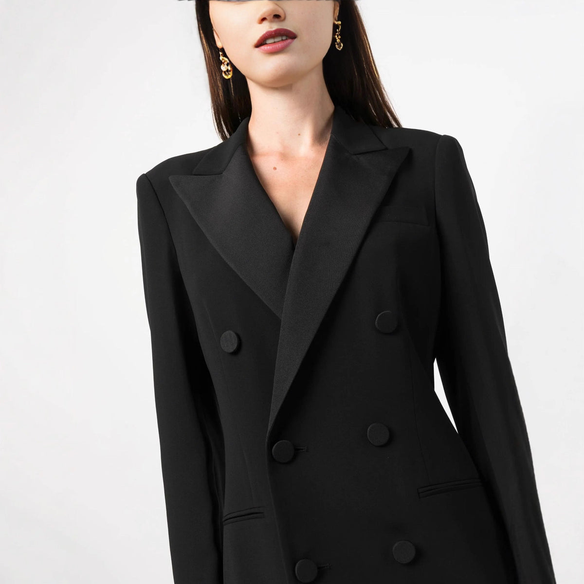 Women's Long Dress Blazer Style – Notched Lapel, Double-Breasted, Column Cut