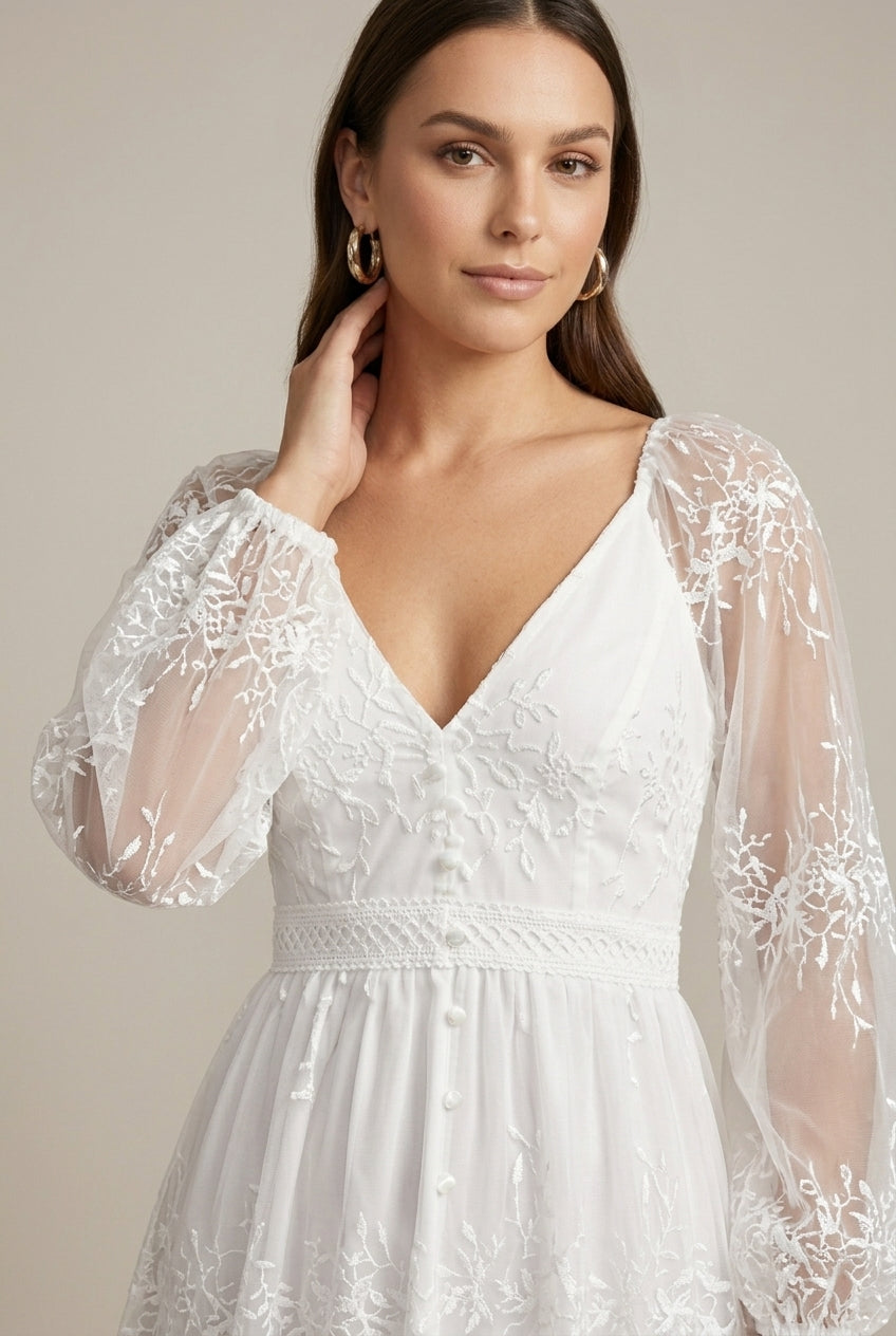 Women's Long Embroidered Lace Dress – V-Neck and Ruffled Skirt