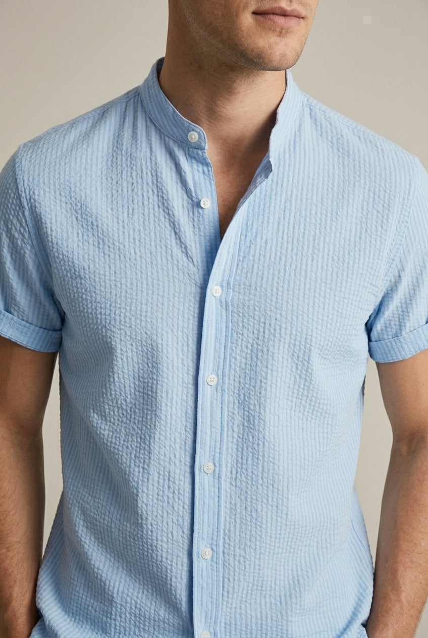 Men's Seersucker Shirt with Officer Collar – Short Sleeves, Textured Weave