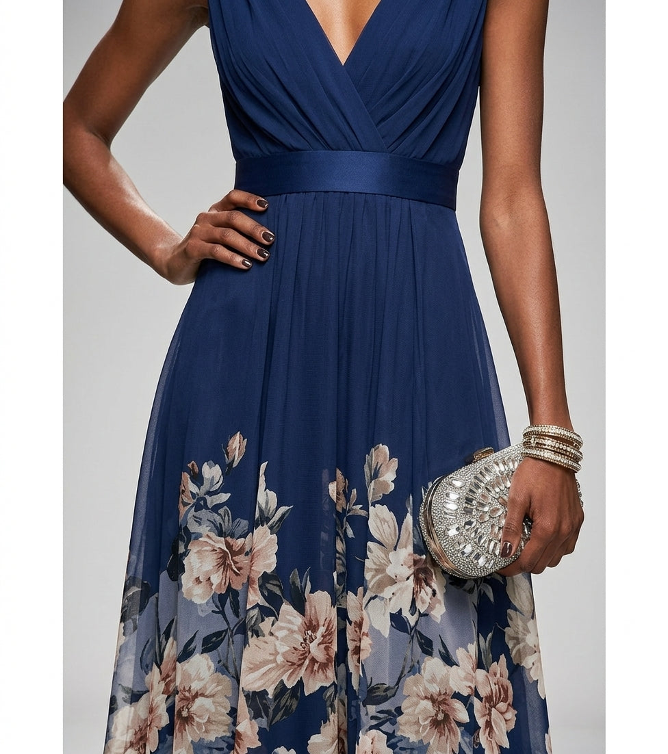 Women's Long Dress with Floral Print – Sleeveless V-Neck