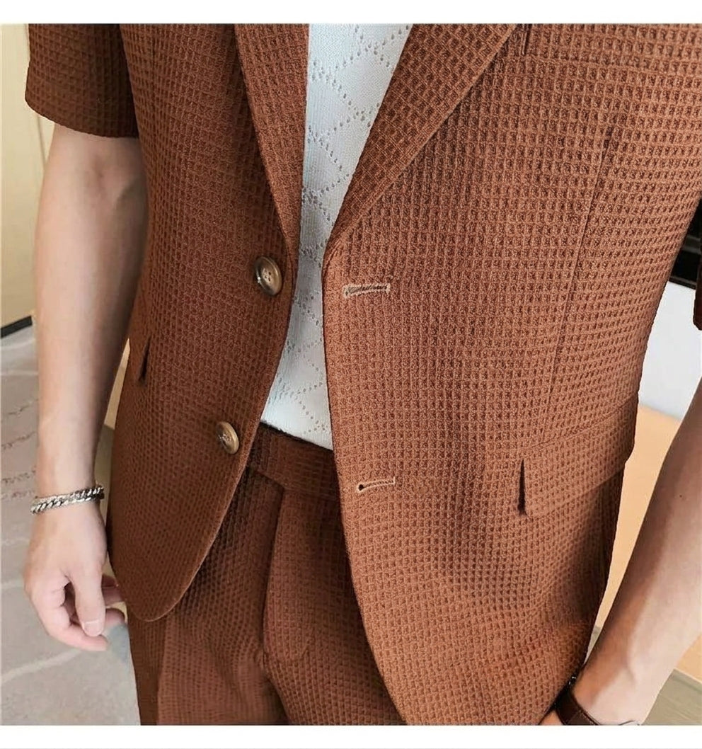 Men's Short Sleeve Blazer Set – Structured Woven Jacket and Shorts Duo