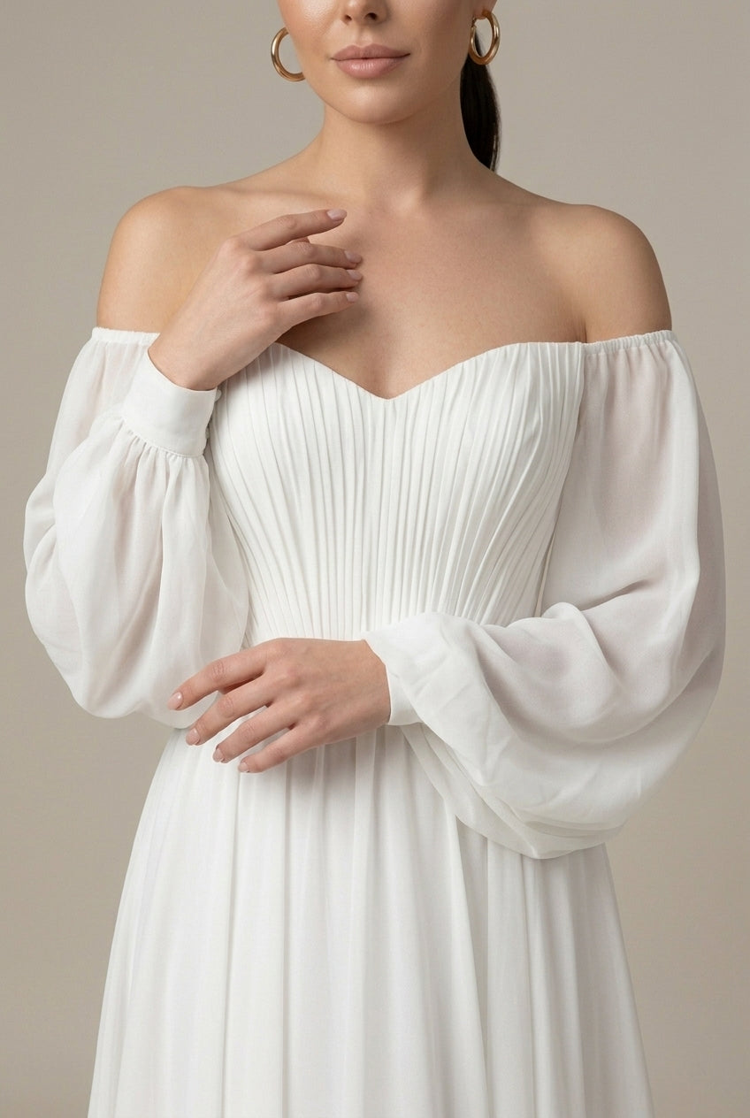 Women's Off-the-Shoulder Chiffon Maxi Dress – Pleated Puff Sleeves