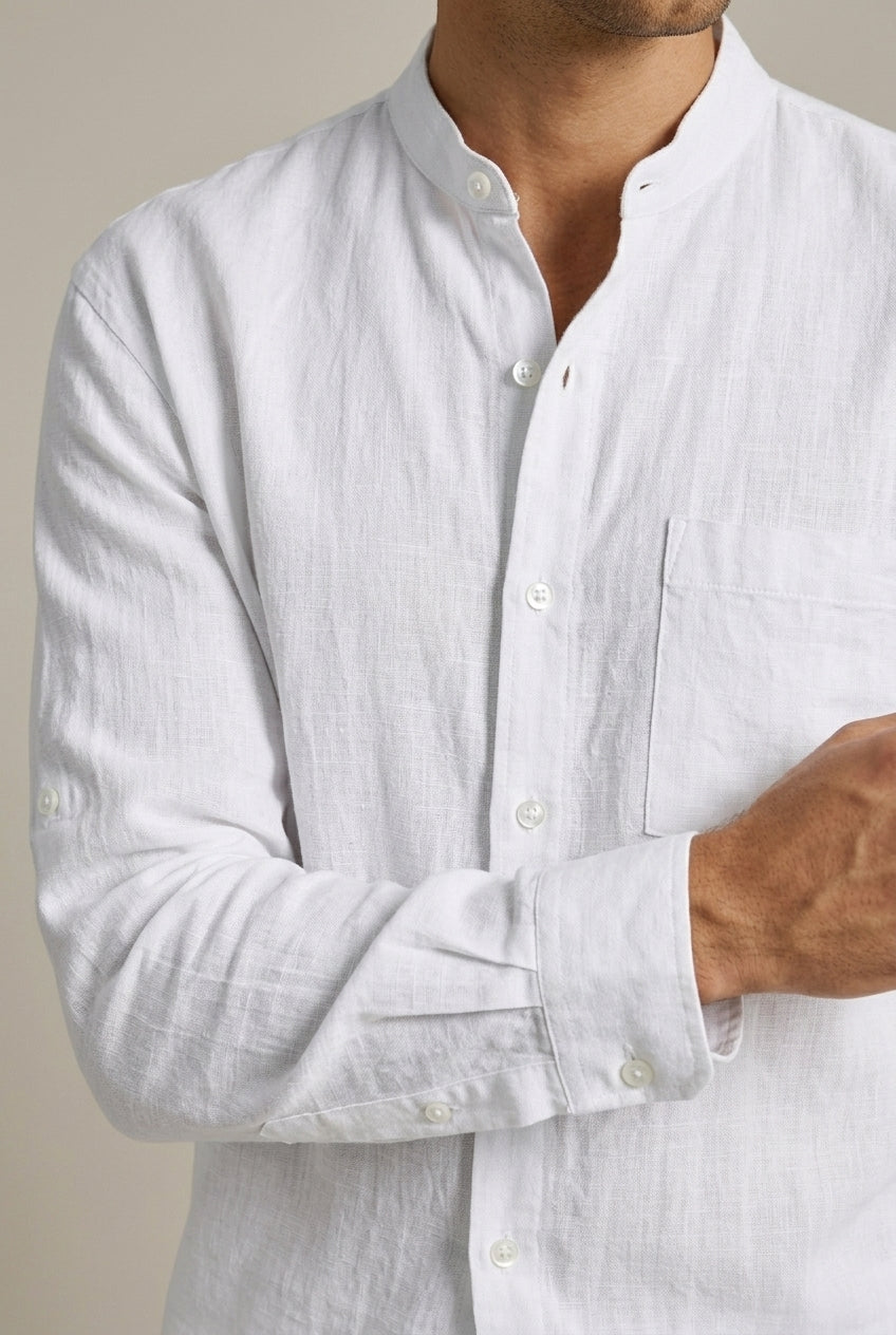 Men's Textured Linen Set – Mandarin Collar Shirt and Relaxed Fit Shorts