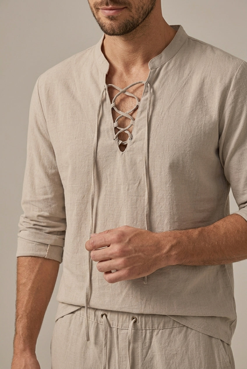 Men's Two-Piece Set Cotton Linen – Lace-Up V-Neck & Pants
