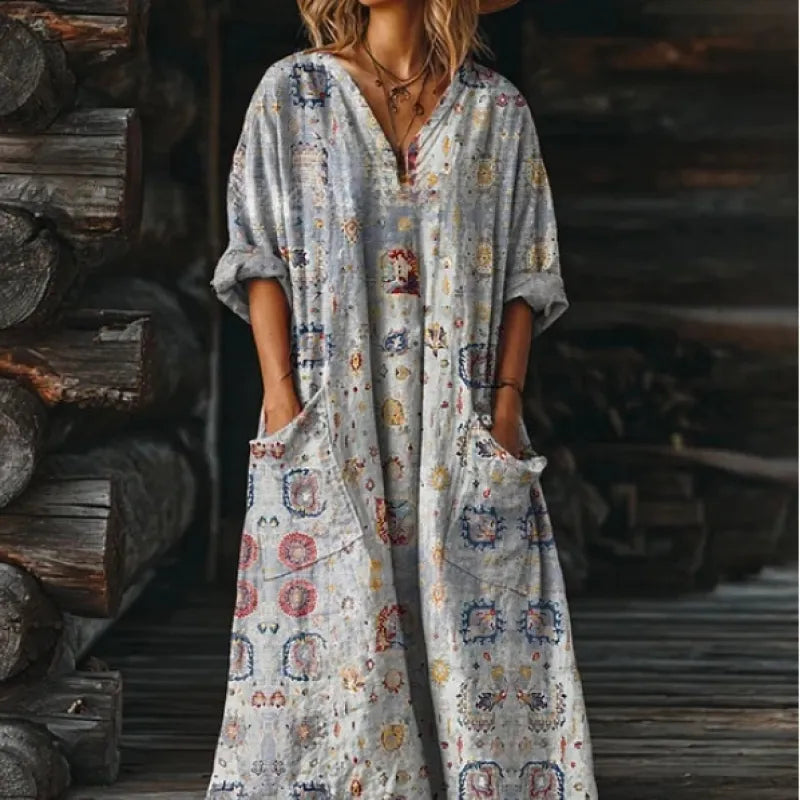 Women's Floral Vintage Print Maxi Dress – Relaxed V-Neck with Pockets