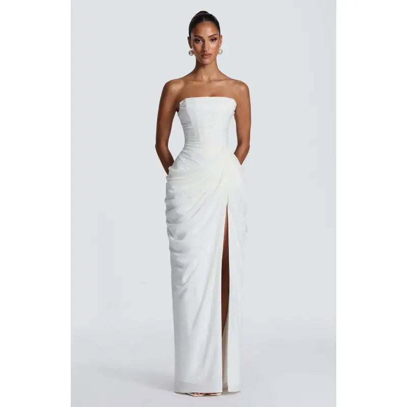 Women's Long Strapless Ruched Dress – High Slit Evening Gown
