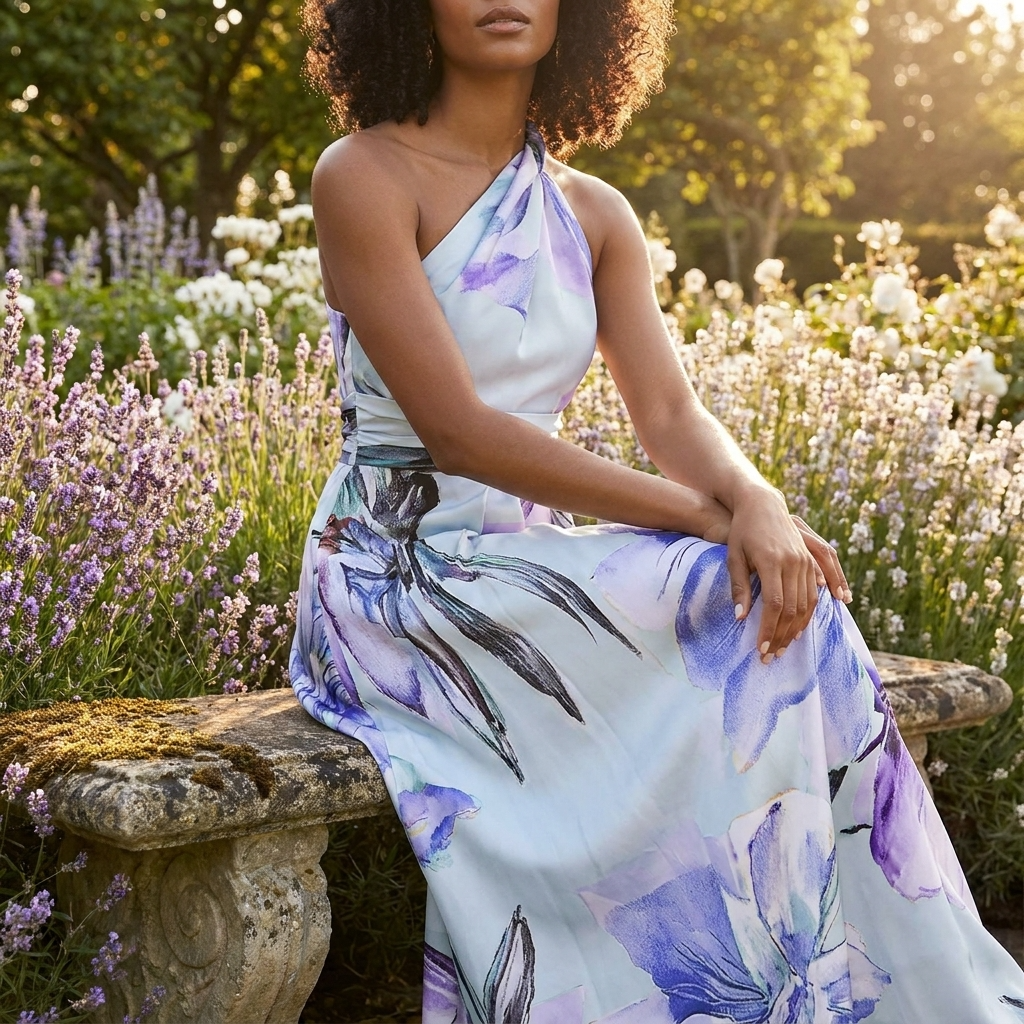 Women's Long Dress with Print – Asymmetric Halter Neck
