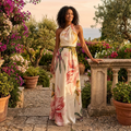 Women's Long Dress with Print – Asymmetric Halter Neck
