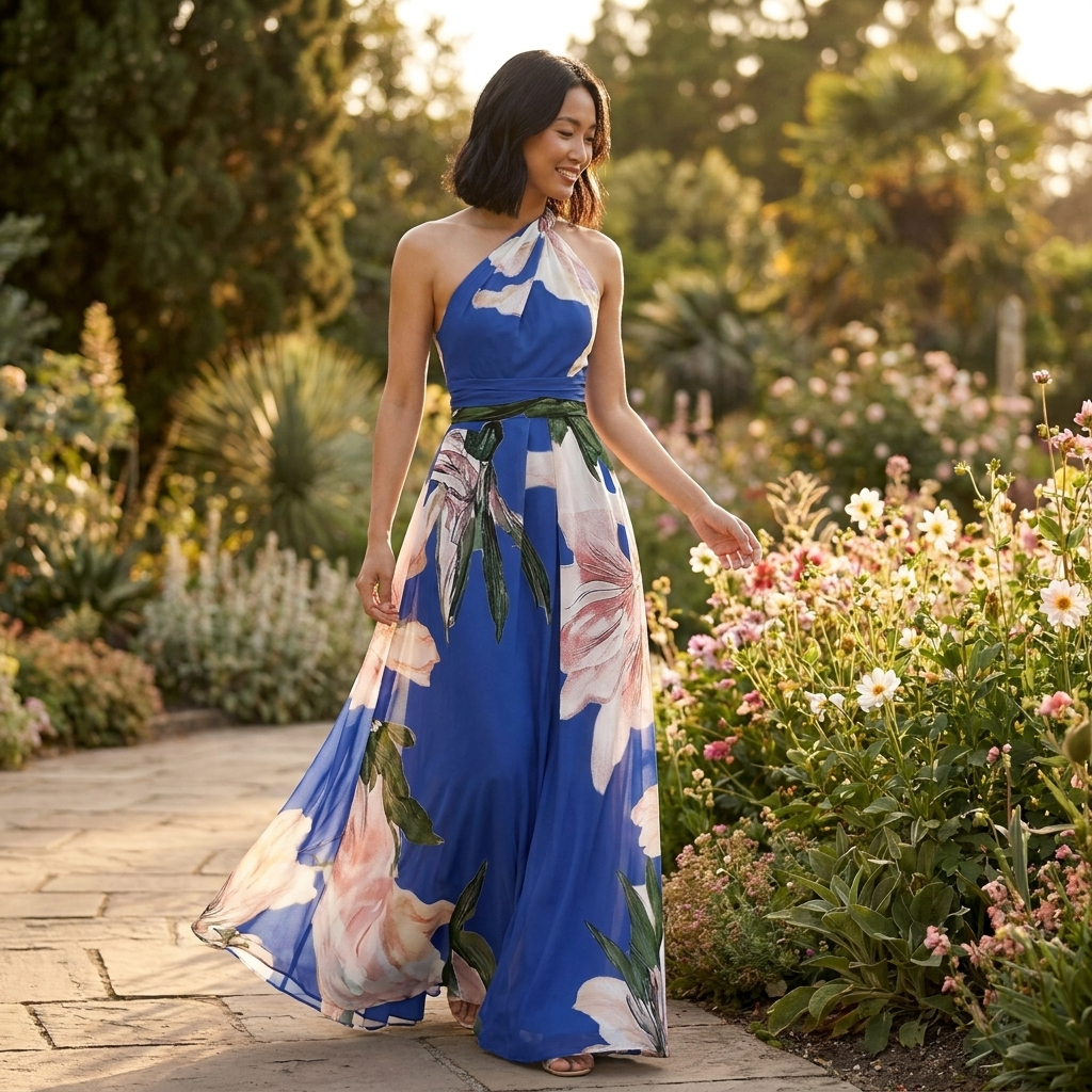 Women's Long Dress with Print – Asymmetric Halter Neck