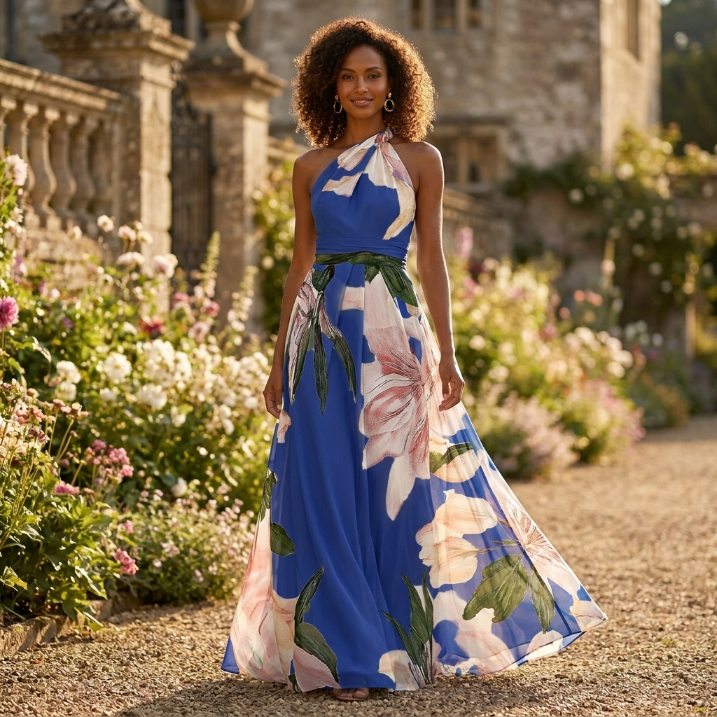 Women's Long Dress with Print – Asymmetric Halter Neck