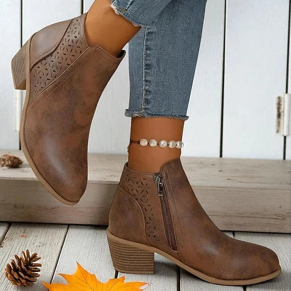 Women's Low-Heel Ankle Boots – Modern Cutouts and Side Zip