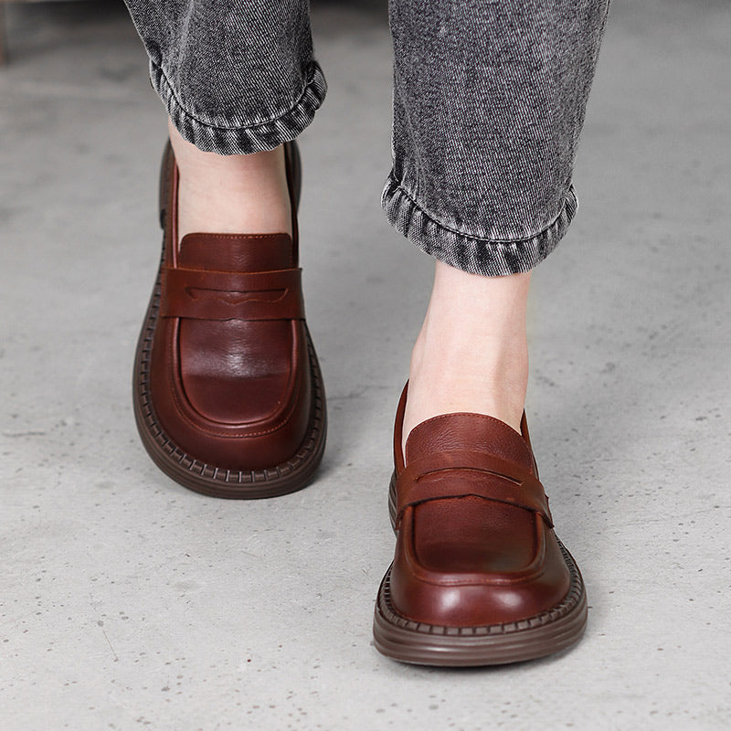 Women's Orthopaedic Leather Loafers – Round Toe, Mid Heel, Easy Slip-On