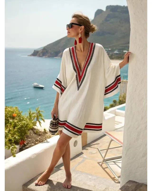 Women's Mini Dress – Casual Kaftan with Striped Finishes
