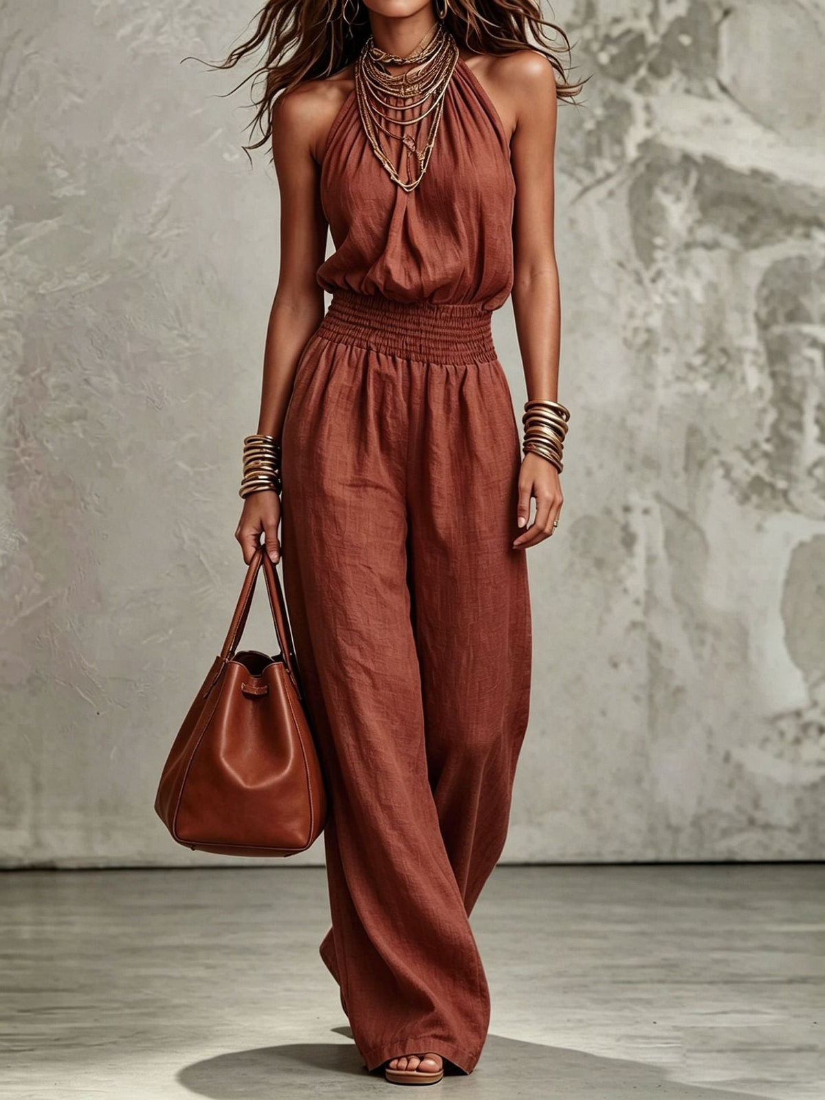 Women’s Wide-Leg Jumpsuit with Halter Neck – Smocked Waist, Open Back