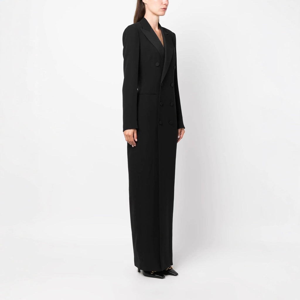 Women's Long Dress Blazer Style – Notched Lapel, Double-Breasted, Column Cut