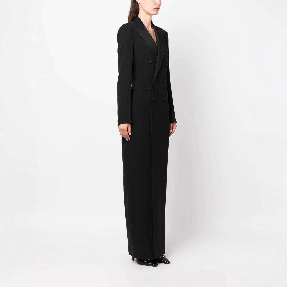 Women's Long Dress Blazer Style – Notched Lapel, Double-Breasted, Column Cut
