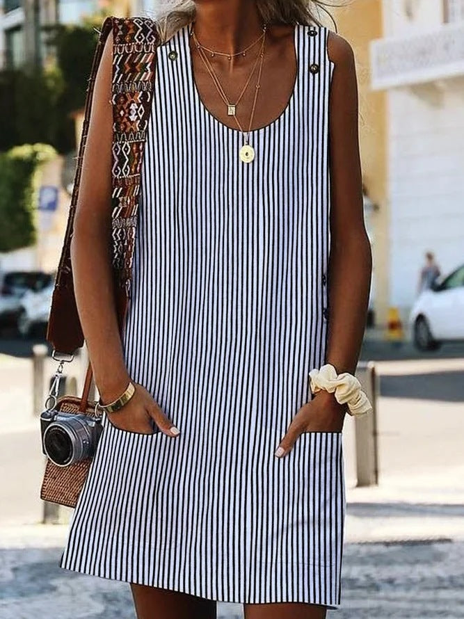 Casual Women's Striped Dress – Round Neck and Button Details