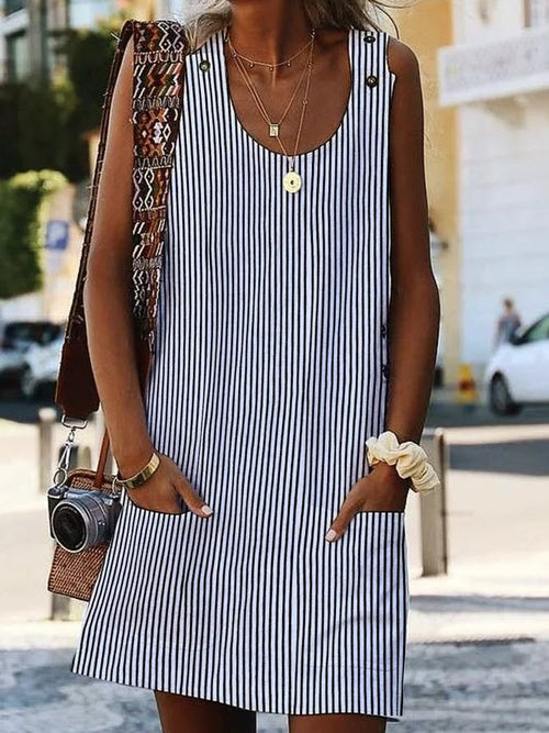 Casual Women's Striped Dress – Round Neck and Button Details