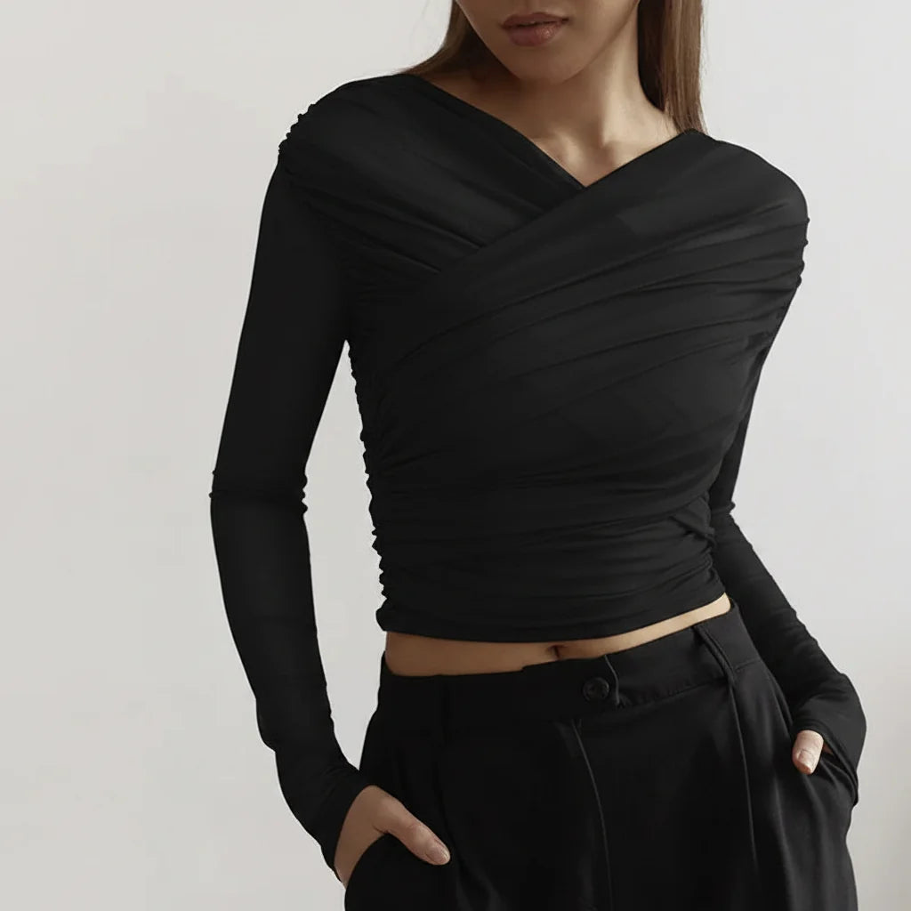 Women's Pleated Long-Sleeve Top – Elegant Fitted Cut