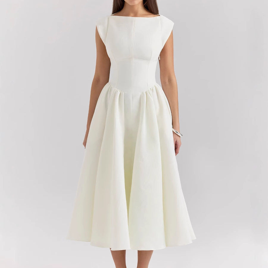Women's Sleeveless Midi Dress with Open Back – Round Neck, Flowing Fabric