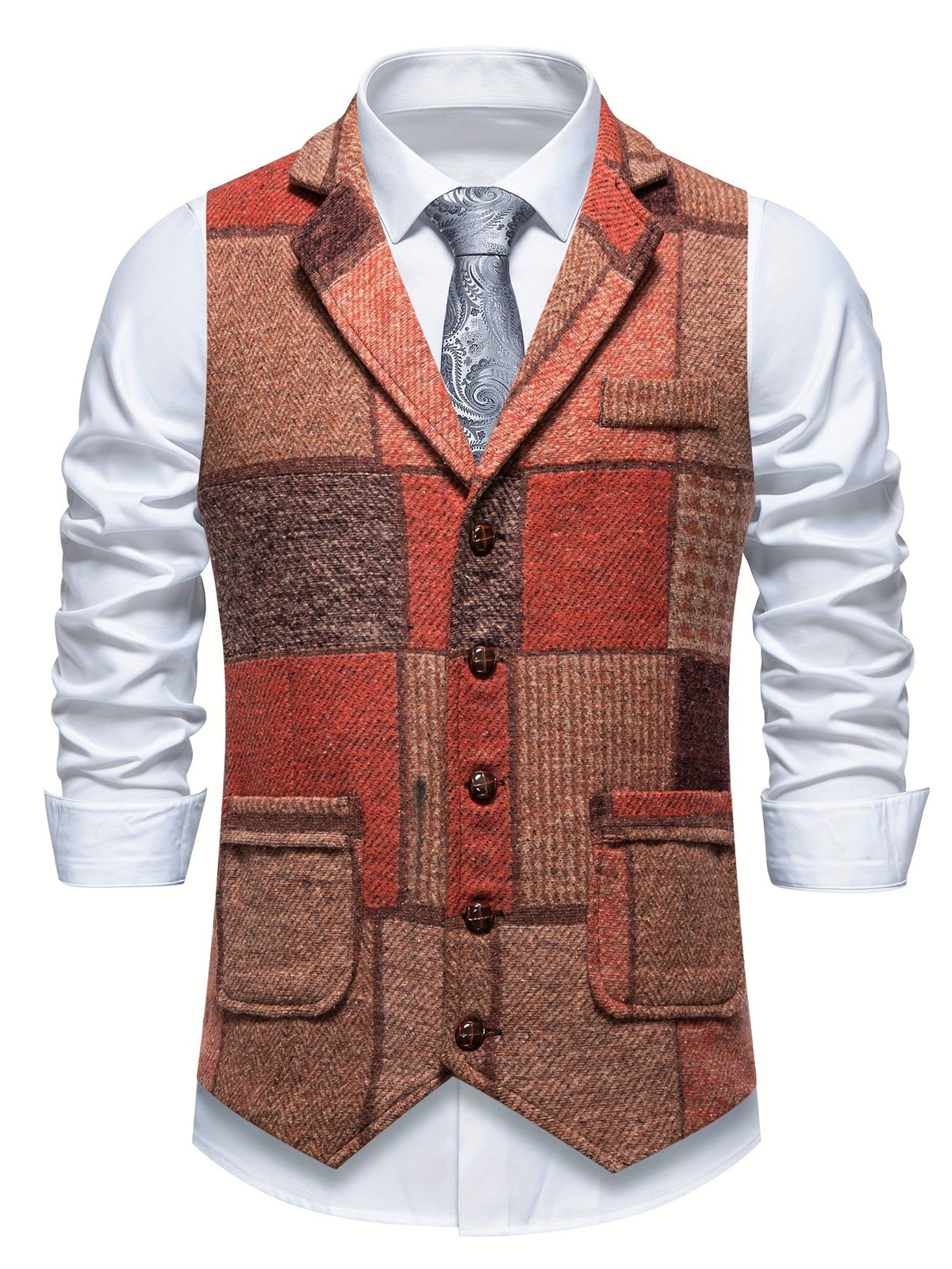 Men's Tweed Herringbone Patchwork Waistcoat – Notched Lapel and Button Closure