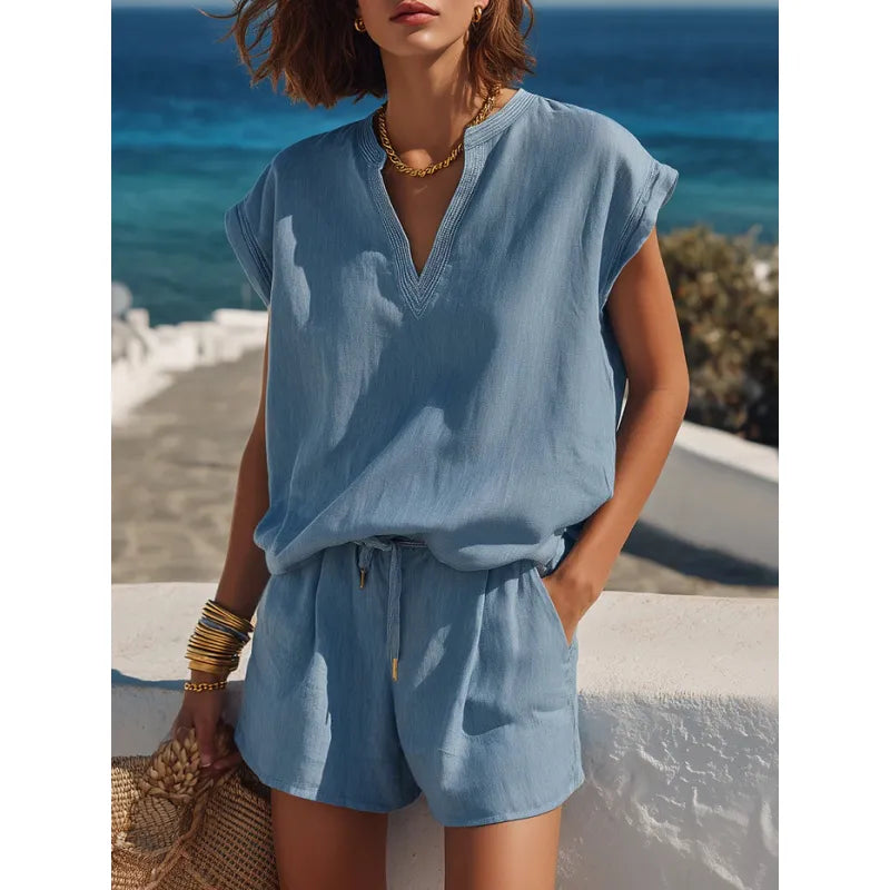 Women's Two-Piece Set with Short Sleeves and V-Neck – Casual Short Coordinated Outfit