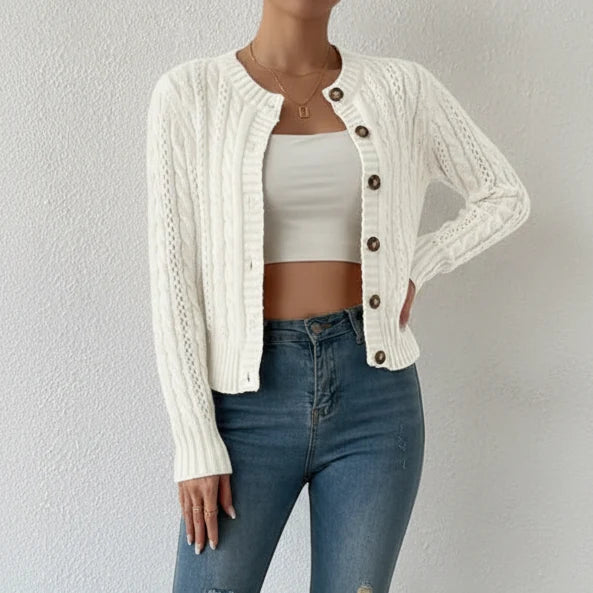 Women's Cable-Knit Cardigan – Buttoned Round Neck