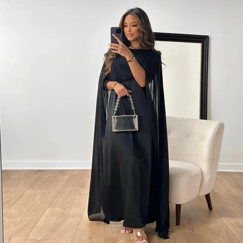 Women’s Chiffon Maxi Dress with Cape Sleeves – Crew Neck, Fluid Silhouette
